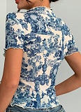 New Elegant Mesh Yarn Printed Ruffled Short-Sleeved T-Shirt For Women