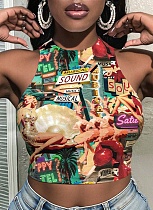 Sexy Round Neck Printed Slim Fit Versatile Short Vest For Women