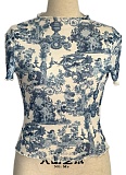 New Elegant Mesh Yarn Printed Ruffled Short-Sleeved T-Shirt For Women