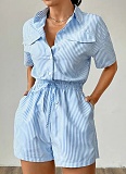 Women'S Striped Button Casual Short-Sleeved Waist Jumpsuit