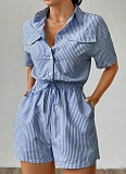 Women'S Striped Button Casual Short-Sleeved Waist Jumpsuit
