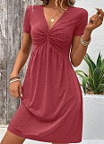 Short-Sleeved V-Neck Twist Knot Solid Color Dress For Women