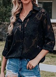 Women's Spring Summer Long Sleeve Button Shirt, Elegant Retro Casual See-Through Tops
