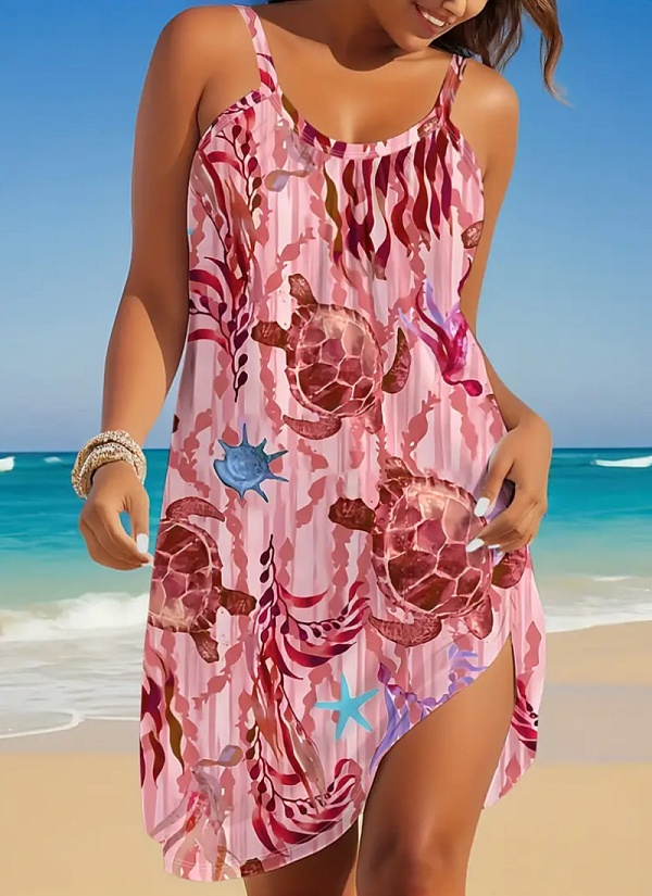 Large Size Printed Ocean Style Beach Vacation Suspender Dress For Women