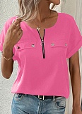 Solid Color Zipper Fashionable Casual Women'S T-Shirt