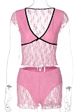 Sexy See-Through Lace Patchwork V-Neck Top And Shorts Two-Piece Suit For Women