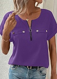Solid Color Zipper Fashionable Casual Women'S T-Shirt