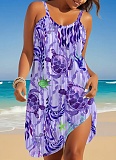 Large Size Printed Ocean Style Beach Vacation Suspender Dress For Women
