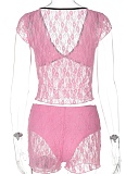 Sexy See-Through Lace Patchwork V-Neck Top And Shorts Two-Piece Suit For Women