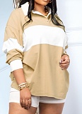 Contrast Color Long Sleeve Lapel Top Solid Color Shorts Two Piece Suit For Women