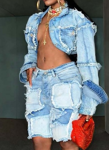 New Retro Washed Old Patchwork Denim Shorts Two Piece Suit For Women TR-1332
