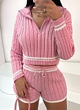 New Contrast Color Lapel Sweater Shorts Knitted Two-Piece Suit For Women