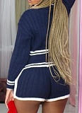 New Contrast Color Lapel Sweater Shorts Knitted Two-Piece Suit For Women