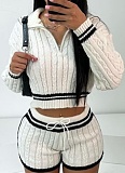 New Contrast Color Lapel Sweater Shorts Knitted Two-Piece Suit For Women