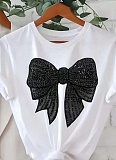 Round Neck Short Sleeve Bowknot Sequin Trendy Summer New T-Shirt For Women