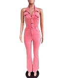 Denim Fashion High Elastic Sexy Backless Lapel Jumpsuit For Women