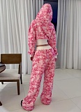 Contrast Color Waist Camouflage Hooded Sweatshirt Casual Straight Pants Fashionable Two-Piece Suit For Women
