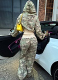 Contrast Color Waist Camouflage Hooded Sweatshirt Casual Straight Pants Fashionable Two-Piece Suit For Women