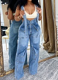 Summer Casual Suspenders Zipper Washed Denim Jumpsuit For Women