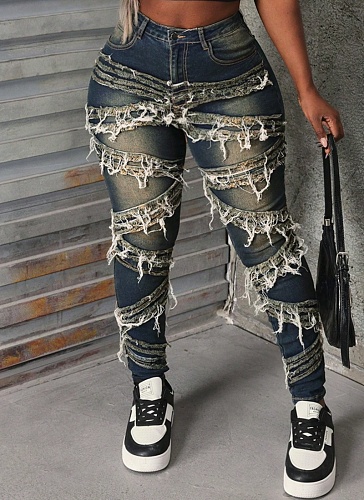 New Street Fashion Elastic Patch Denim Trousers For Women