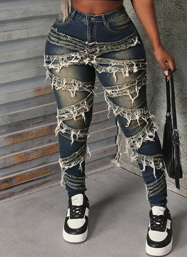 New Street Fashion Elastic Patch Denim Trousers For Women