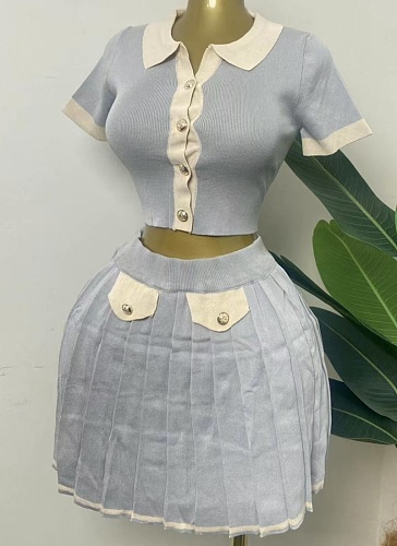 Fashionable Knitted Color Matching Button Top Pleated Skirt Two-Piece Suit For Women