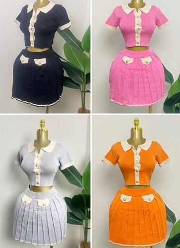 Fashionable Knitted Color Matching Button Top Pleated Skirt Two-Piece Suit For Women