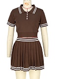Waist-Baring Lapel Short-Sleeved Knitted Sweater Pleated Skirt Two-Piece Suit For Women ASL-6773