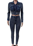 New Denim Stitching Ribbed Elastic Two-Piece Suit For Women