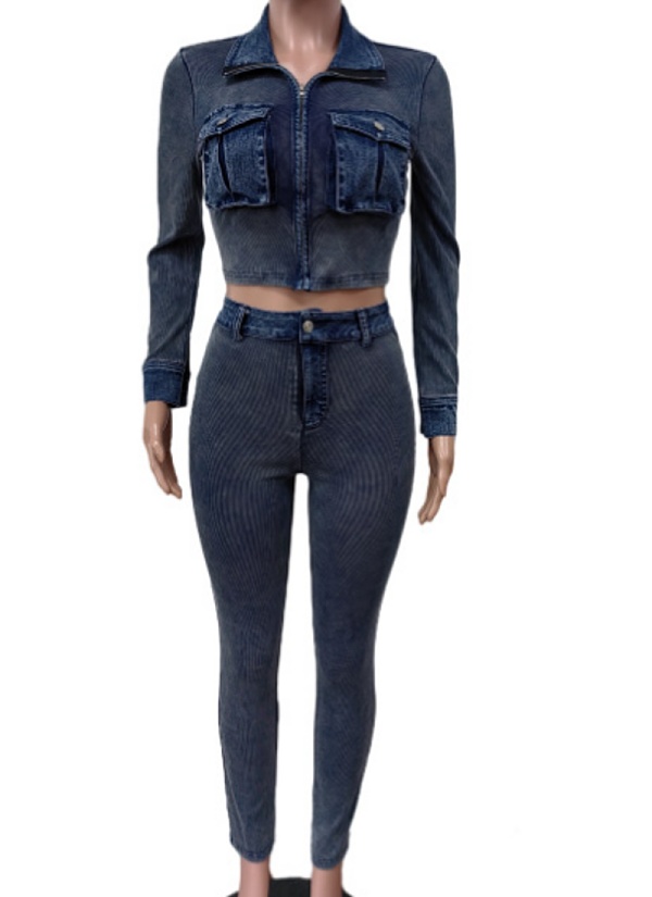 New Denim Stitching Ribbed Elastic Two-Piece Suit For Women