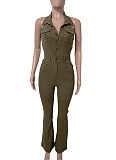 Denim Fashion High Elastic Sexy Backless Lapel Jumpsuit For Women