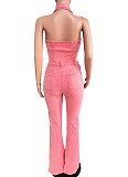 Denim Fashion High Elastic Sexy Backless Lapel Jumpsuit For Women