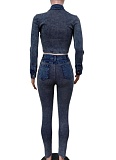 New Denim Stitching Ribbed Elastic Two-Piece Suit For Women