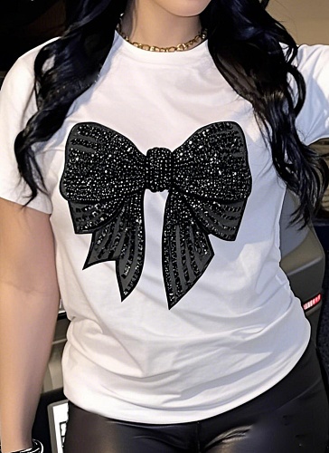 Round Neck Short Sleeve Bowknot Sequin Trendy Summer New T-Shirt For Women