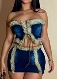 Women'S Plush Denim Splicing Tube Top Vest Hip-Wrapped Short Skirt Two-Piece Set