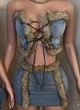 Women'S Plush Denim Splicing Tube Top Vest Hip-Wrapped Short Skirt Two-Piece Set