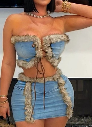 Women'S Plush Denim Splicing Tube Top Vest Hip-Wrapped Short Skirt Two-Piece Set
