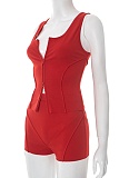 Sexy Sports Sleeveless Zipper Vest Tight Shorts Two-Piece Suit For Women