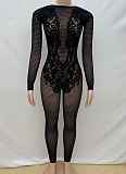 Black Round Neck Open Back Slim Sexy See-Through Long Sleeve Knitted Jumpsuit