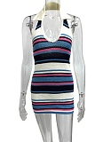 Summer New Women'S Striped Sexy V-Neck Halter Neck Knitted Hip Dress