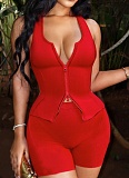 Sexy Sports Sleeveless Zipper Vest Tight Shorts Two-Piece Suit For Women