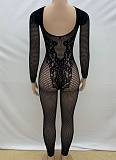 Black Round Neck Open Back Slim Sexy See-Through Long Sleeve Knitted Jumpsuit