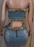Women'S Plush Denim Splicing Tube Top Vest Hip-Wrapped Short Skirt Two-Piece Set