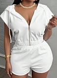 Women'S White Zipper Short-Sleeved Hooded Shorts Two-Piece Suit