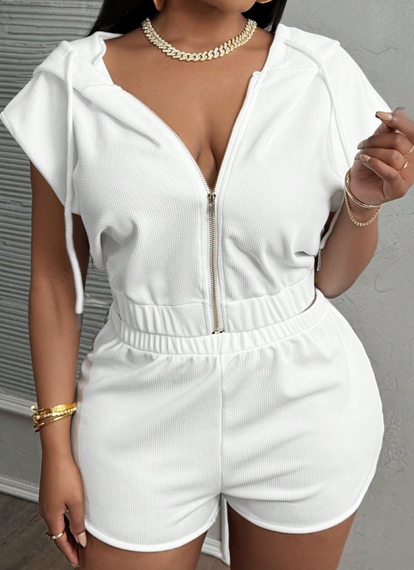 Women'S White Zipper Short-Sleeved Hooded Shorts Two-Piece Suit