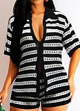 Sexy Women'S Hollow See-Through Lapel Shirt Knitted Shorts Two-Piece Set