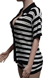Sexy Women'S Hollow See-Through Lapel Shirt Knitted Shorts Two-Piece Set