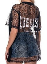 Printed Lace Back See-Through Loose Sexy T-Shirt
