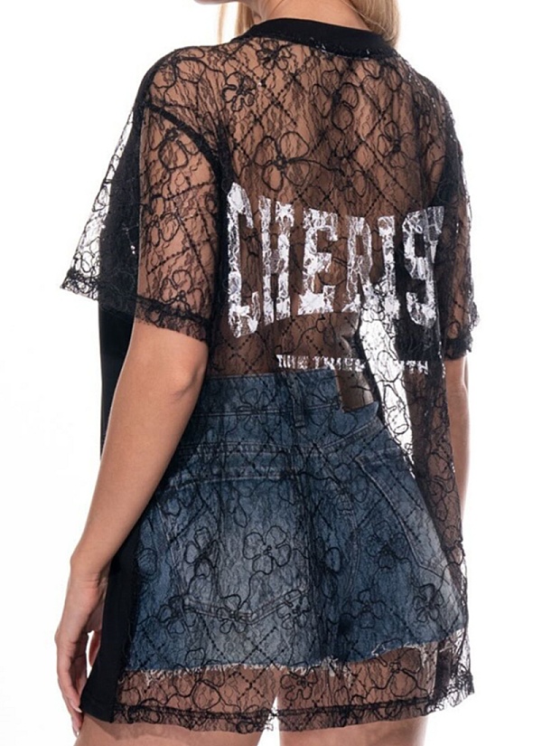 Printed Lace Back See-Through Loose Sexy T-Shirt
