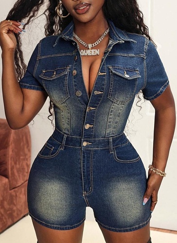 High Elastic Short Sleeve Slim Washed Denim Jumpsuit
